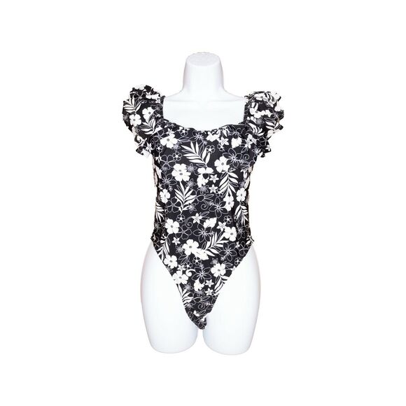 Cabana Del Sol Women Ruffle Off The Shoulders Floral One-Piece Black Size M 8551 - Picture 1 of 2